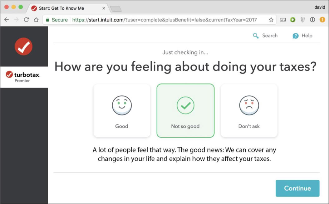 TurboTax screen asking how the user is feeling